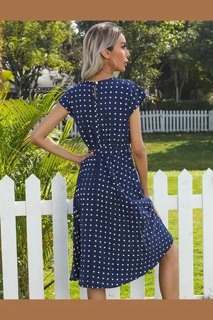 Merkloos Zomerjurk met stippenprint, korte mouwen, hoge taille, geplooide midi-jurken met riem voor dames