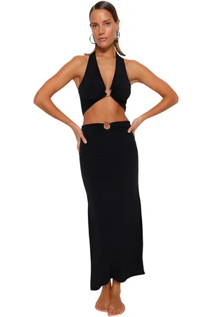 Trendyol Zwarte Aansluitende Gebreide Accessoire Blouse Rok Strandset Tbess23Au00084