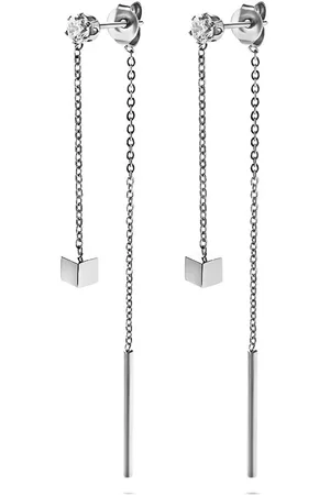 Twice As Nice Oorbellen in edelstaal, 1 kristal met ketting en blokje, ketting met staafje