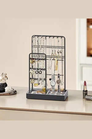 Merkloos Sieradenstandaard met metalen frame en fluwelen dienblad, houder voor oorbellen en armbanden, kettingstandaard, voor oorstekers, ringen, cadeau-idee