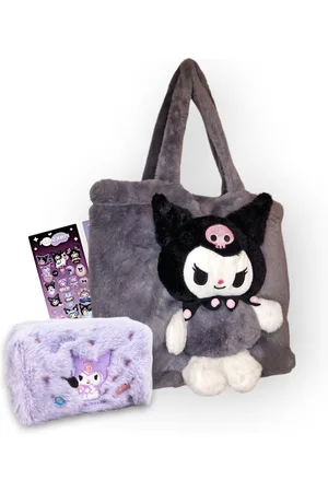 Merkloos Schattige Kuromi Handtas Set - Incl. Etui en 2 Stickersheets - Pluche en Zacht - Speels en Cadeau - School - Sanrio - Grijs
