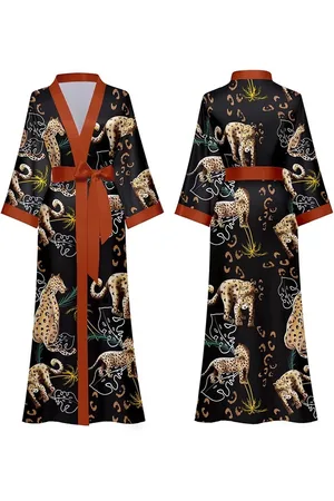 Merkloos Kimono dames badjas satijn - Premium collectie - Luxury leopard - panter luipaard design - one size