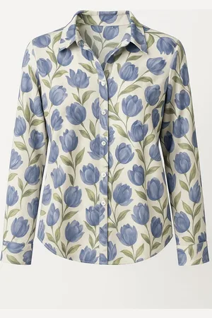 Merkloos SOPHYLINE Blouse Lange Mouw – Blauwe Tulp Print – 100% Katoen – Tijdloos & Fris – Maten S t/m XL