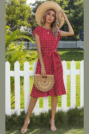 Merkloos Zomerjurk met stippenprint, korte mouwen, hoge taille, geplooide midi-jurken met riem voor dames