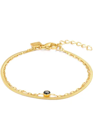 Twice As Nice Armband in goudkleurig edelstaal, dubbele ketting, oval links, platte slang, 1 zwarte zirkonia 15 cm+3 cm