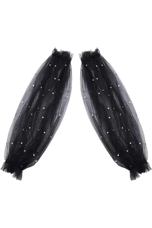 Merkloos Verwijderbare Tule Pofmouwen - Zwart Polyester Wit Faux Parels Kralen - Afneembare Lange Bruids Mouw - Kant Applicaties - Kostuum Accessoire Voor Trouwjurk Prom Avondfeest - 61x225cm - Set van 2