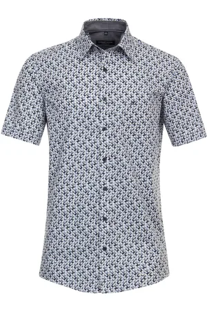 Casa Moda Sport comfort fit overhemd - korte mouw - popeline - blauw dessin - Strijkvriendelijk - Boordmaat: 45 - 46