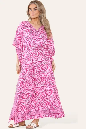 Merkloos Lange bohemian kaftan jurk Suzette wit roze V-hals one size M-XXL