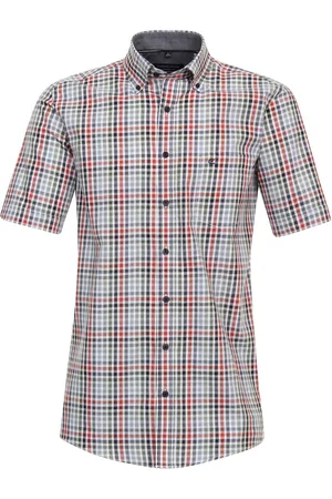 Casa Moda Sport comfort fit overhemd - korte mouw - chambray - rood geruit - Strijkvriendelijk - Boordmaat: 41 - 42