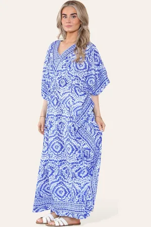 Merkloos Lange bohemian kaftan jurk Suzette konings royal blue wit lichtblauw V-hals one size M-XXL