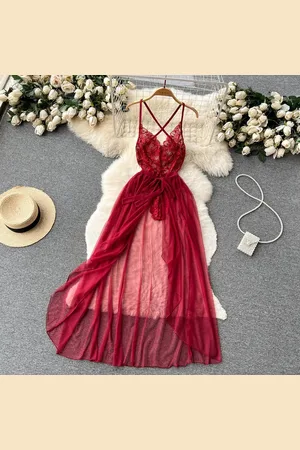 Merkloos Dames Twee-Stuks Set: Veelkleurige Transparante Sexy Mesh Lange Rok en Bloemen Kant Top met V-Hals - Elegante Avondoutfit, Zomer Mode, Fashion Set