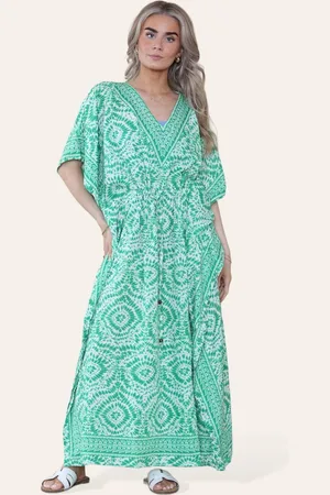 Merkloos Lange bohemian kaftan jurk Suzette smaragd wit donkergroen V-hals one size M-XXL