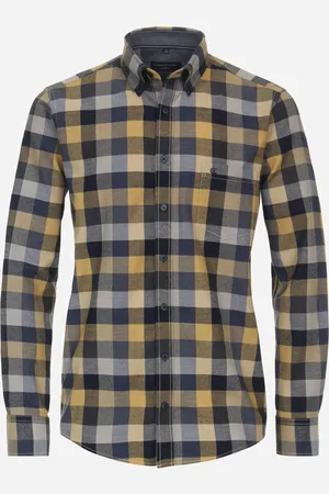 Casa Moda Sport casual fit overhemd - dobby - geel geruit - Strijkvriendelijk - Boordmaat: 45 - 46