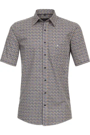 Casa Moda Sport comfort fit overhemd - korte mouw - popeline - geel dessin - Strijkvriendelijk - Boordmaat: 41 - 42