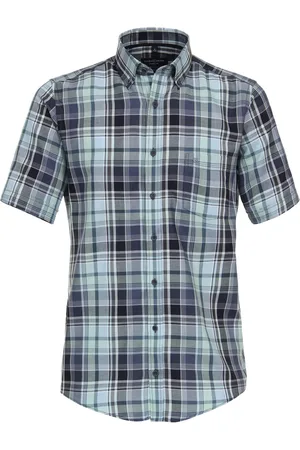 Casa Moda Sport casual fit overhemd - korte mouw - dobby - blauw geruit - Strijkvriendelijk - Boordmaat: 43 - 44