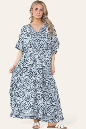 Merkloos Lange bohemian kaftan jurk Suzette donkergrijs antraciet zwart wit V-hals one size M-XXL
