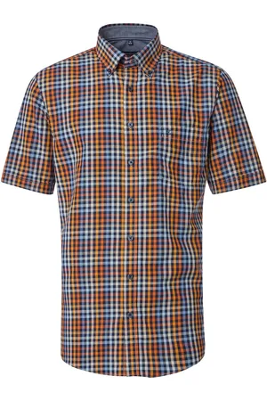 Casa Moda Sport comfort fit overhemd - korte mouw - dobby - oranje geruit - Strijkvriendelijk - Boordmaat: 45 - 46