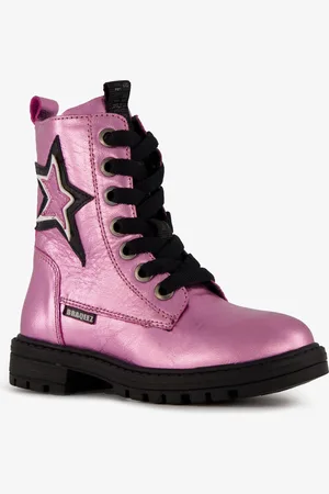 Braqeez Leren meisjes veterboots roségoud