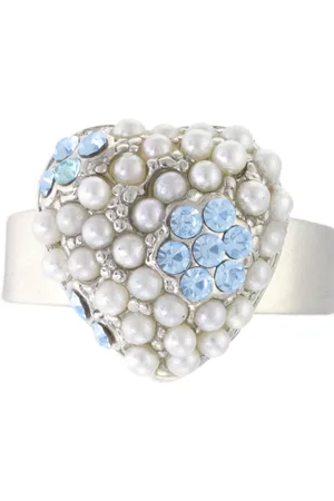 Behave Ring - Verstelbare Hartvormige Ring – Zilverkleurig met Parelaccenten en Blauwe Kristallen – Klassiek & Elegant