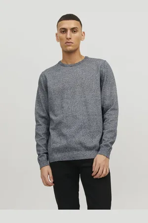 JACK & JONES Basic knit crew neck slim fit - heren pullover katoen met O-hals - blauw samen met offwhite