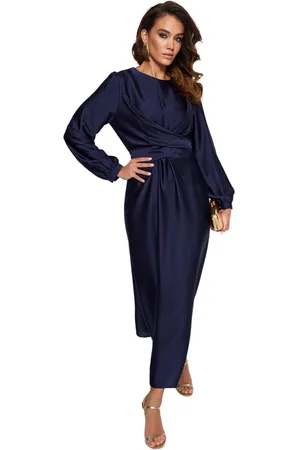 Trendyol Marineblauwe, Gekruiste, Gedetailleerde Satijnen Avondjurk Tctaw22Eb0105