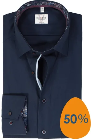 Marvelis Modern fit overhemd - mouwlengte 7 - popeline - donkerblauw - Strijkvrij - Boordmaat: 43