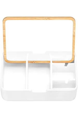 Merkloos Sieradendoos met Spiegel en Bamboe Deksel - Wit Sieradenkistje met 5 Opbergvakken - Minimalistisch Design