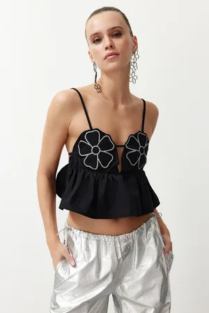 Trendyol Lichtblauwe Cropped Bloemen Geborduurde Geweven Blouse Tprss24Bz00030