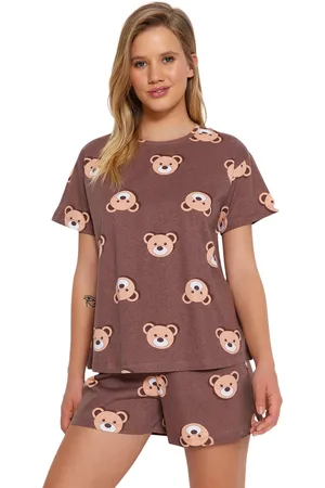 Trendyol Dames Familie Zwarte 100% Katoen Teddy Bear Shorts Gebreide Pyjama Set Thmss23Pt00005