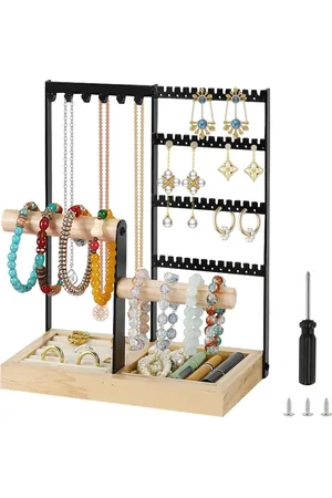 Merkloos Jewelry Holder - Tree Design with Wooden Tray and 4 Bars for Necklaces, Earrings, and Watches