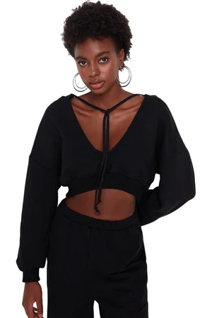 Trendyol Zwart Dik Gebreid Sweatshirt Met Capuchon En V-Hals Van Dikke Fleece Aan De Binnenkant Twoaw23Sw00096