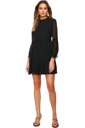 Trendyol Blauwe Effen Taille Opening Staande Kraag Geplooide Mini Gevoerde Geweven Winterjurk Twoaw20El0345