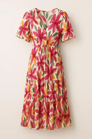 Merkloos Sensations Paris Maxi Jurk – Fuchsia Bloemen op Naturel – One Size – Fris & Feminin
