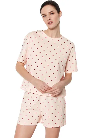 Trendyol Oranje-Veelkleurige 100% Katoenen Gebreide Pyjamaset Met Stippen En Hartjes Thmss21Pt1485