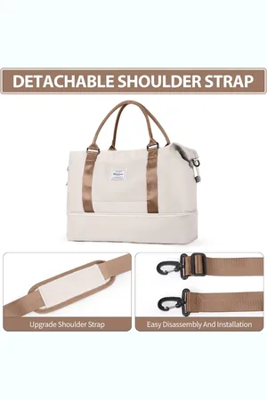 Merkloos Reistas Dames Sporttas grote Handbagage tas weekendtas zwemtas met droge en natte compartimenten Reistas plunjezak Fitnesstas met schoenenvak ziekenhuistas Trainingstas,Lichtbeige (bruine streep)