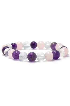 Bixorp Gems Gouden Driehoek Edelstenen Armband - 8mm / 18cm - Amethist + Bergkristal + Rozenkwarts - Handgemaakte Edelsteen Armband