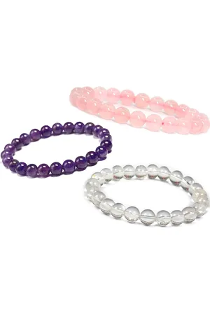 Bixorp Gems Gouden Driehoek Armbanden Set - Rozenkwarts + Amethist + Bergkristal Kralenarmband - 20cm