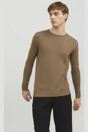 JACK & JONES Emil knit crew neck slim fit - heren pullover viscosemengsel met O-hals - camel