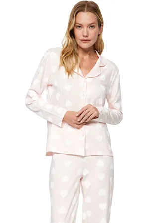 Trendyol Premium Poeder 100% Katoen Hartvormige Pofmouw Shirt-Broek Gebreide Pyjamaset Thmaw24Pt00253