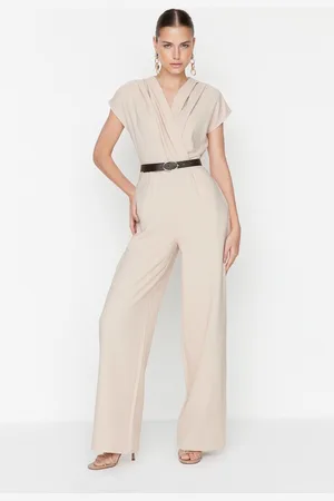 Trendyol Smaragdgroene Geweven Jumpsuit Met Dubbele Rij Knopen, Kraag En Wijde Pijpen Twoss21Tu0004