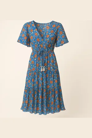 Merkloos Sensations Paris Maxi Jurk – Indigo Blauw met Oranjebloemen – One Size – Valt Luchtig & Elegant