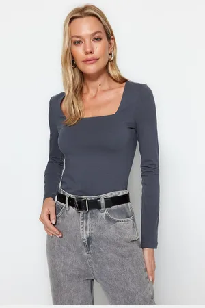 Trendyol Antraciet Katoenen Gebreide Blouse Met Vierkante Hals, Normale Pasvorm Twoaw24Bz00016