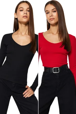 Trendyol Zwart-Rood 2-Pack Aansluitende Katoenen, Elastische Gebreide Blouse Met V-Hals Twoaw24Bz00068