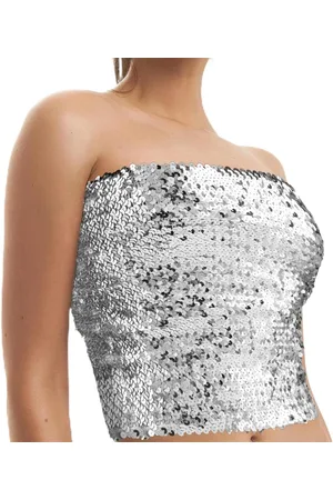 Merkloos Pailletten Buis Top Stretchy Metallic Strapless Zilveren Crop Top Voor Vrouwen Party Club Wear Eén
