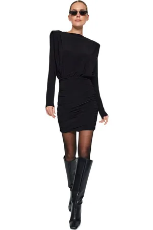 Trendyol Blauw Bedrukte Gewatteerde Gedrapeerde Mini-Stretch Gebreide Jurk Twoaw24El00821