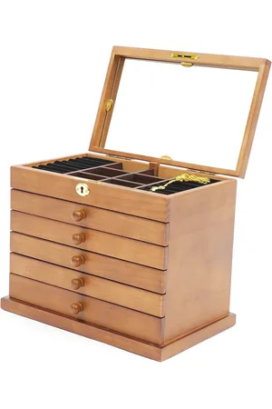 Merkloos Ruime houten sieradendoos met spiegel en 5 laden - 29,5 x 18,5 x 25 cm