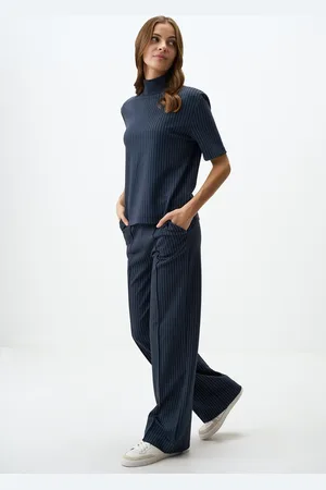 Jimmy Key Marineblauwe Gestreepte Broek Met Wijde Pijpen