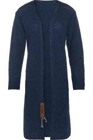 Knit Factory Luna Lang Gebreid Vest - Gebreide dames cardigan - Lang vest tot over de knie - Donkerblauw damesvest gemaakt uit 30% wol en 70% acryl - 40/42