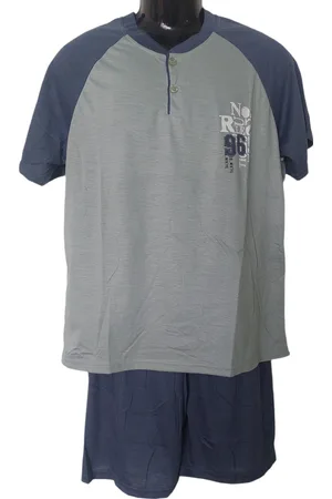 Merkloos Uniseks Shortama set Dames & Heren - 2 Delig - Kleur Groen/Donkerblauw/ - Effen met Opdruk Van een Tekst