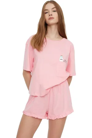Trendyol Grijze Geplooide Geprinte Shorts Gebreide Pyjamaset Thmss22Pt0422